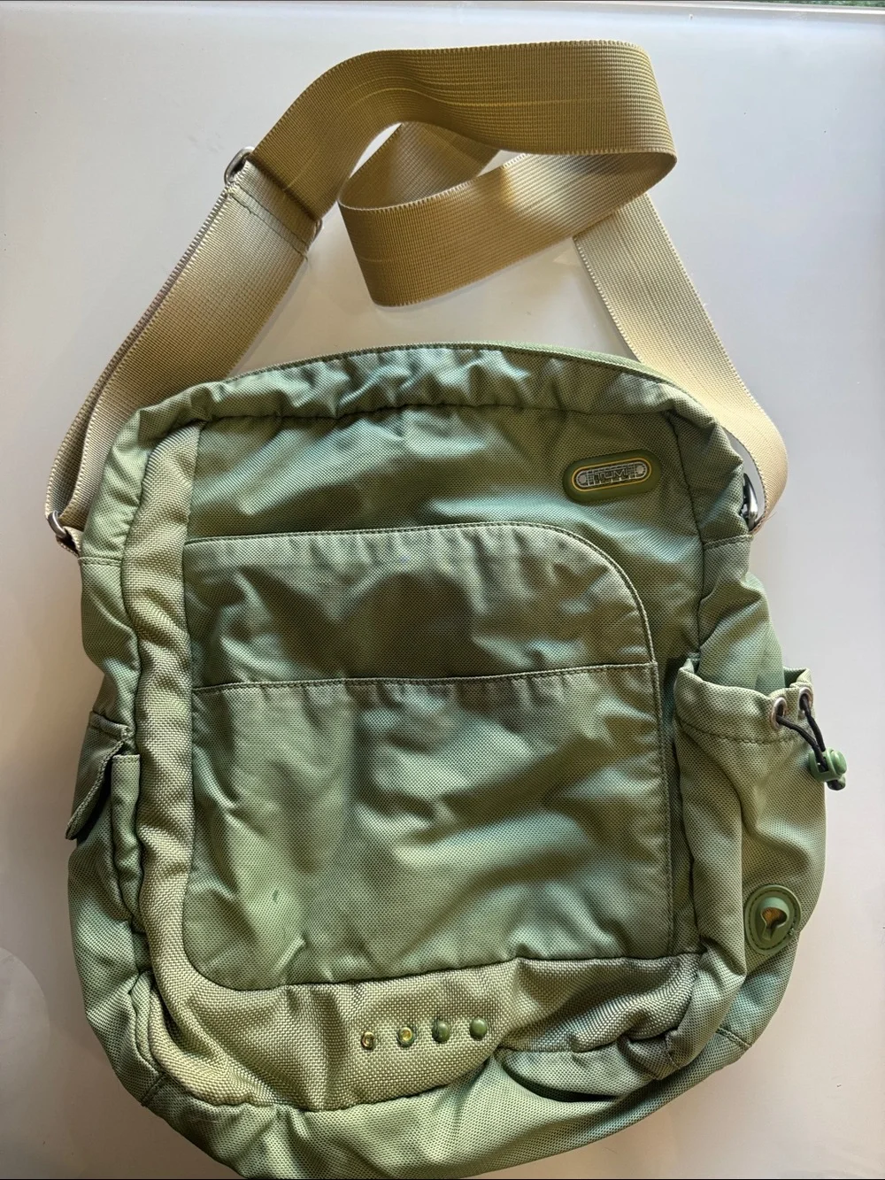 Tumi Olive Green Messenger Bag with Beige Strap